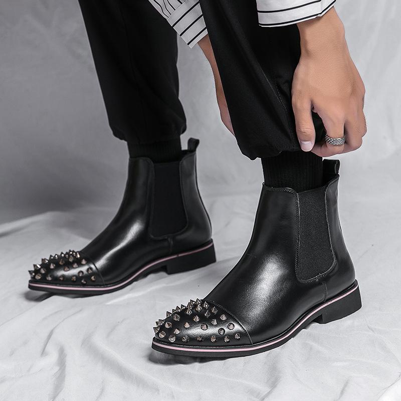 Мужские европейские ботинки челси с заклепками: Британский Business Casual и Корейский Стиль Кожаные Лосины для Ночного Клуба