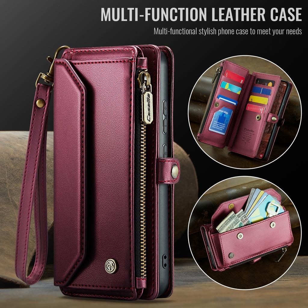For Samsung Galaxy S26 Leather Case CASEME C36 Zipper 10 Card Slots Phone Cover with Straps