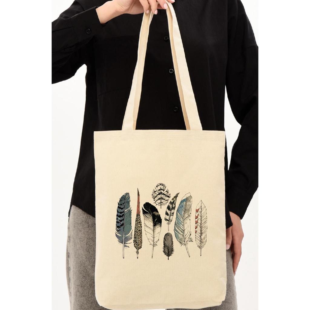 Холщовая тканевая сумка с принтом птичьих перьев