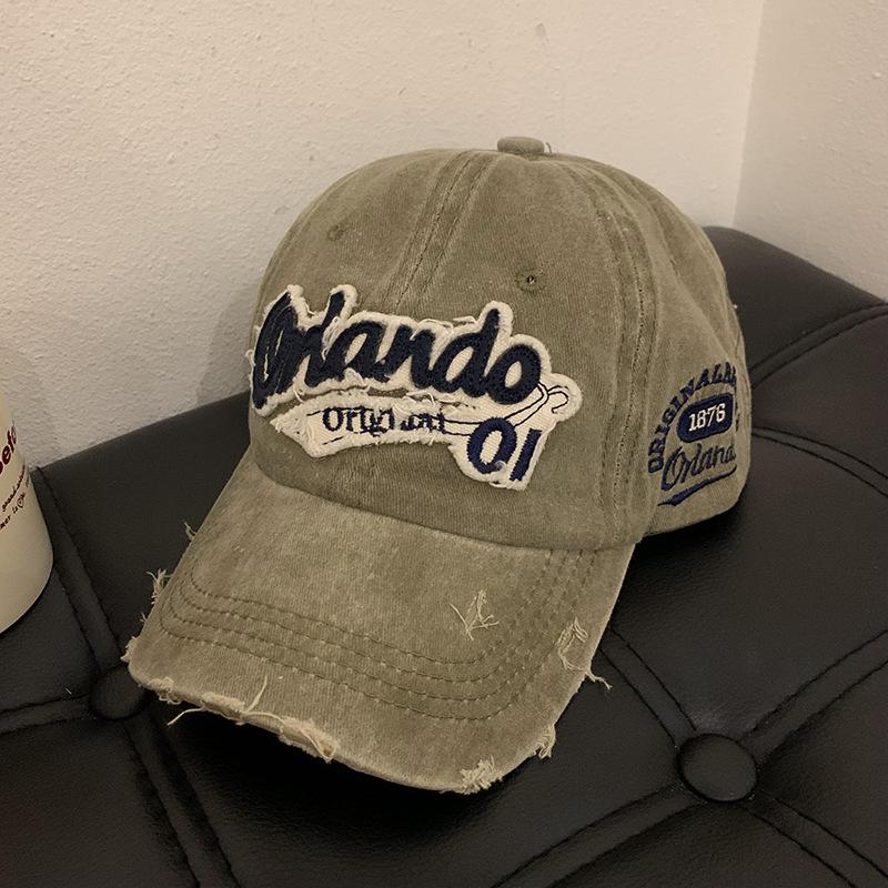 Retro baseball cap women's big head circumference washed ripped denim wide brim cap showing face small hat