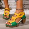 Plus Size High Heel Sandals Summer New Round Toe Open Toe Color Block Cutout Platform Non-slip Block Heel Shoes