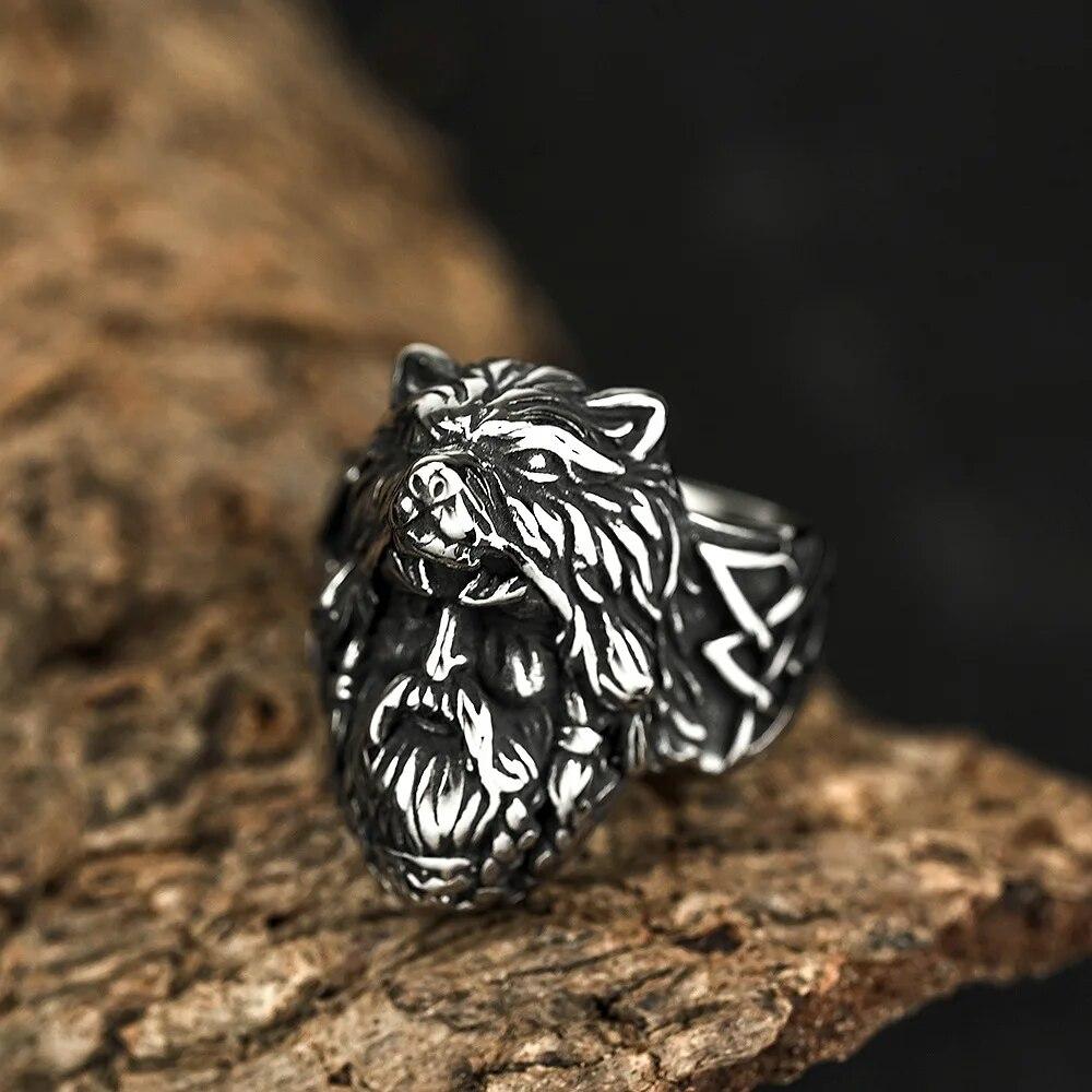 Men Biker Nordic Viking Rings Stainless Steel Retro Nordic Ethnic Belief Odin Viking Rune Ring Men Amulet Jewelry