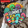 2d Flat 20*20cm "Hello Summer" Flip Wall Art, Vibrant Wooden Sign with Tropical Design, Circular Wooden Decoration, Suitable for Bars, Cafes or Clubs,