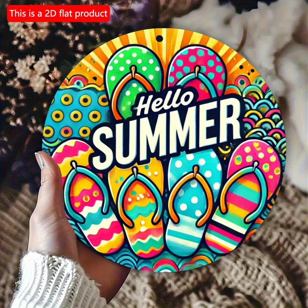 2d Flat 20*20cm "Hello Summer" Flip Wall Art, Vibrant Wooden Sign with Tropical Design, Circular Wooden Decoration, Suitable for Bars, Cafes or Clubs,