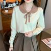Fashion Sweet Peter Pan Collar Knitted Shirt for Women Autumn and Winter Slim Long Sleeve Women's Blouse Vintage Solid Bow Tie Ladies Tops 24742