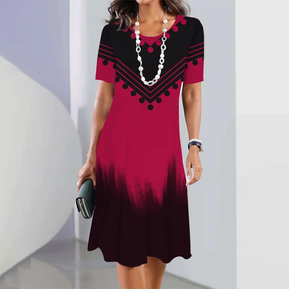 Женские платья 3D Color Blocking Printing Dress Элегантные топы с короткими рукавами Одежда Ретро-юбка А-силуэта Вечерняя красочная одежда