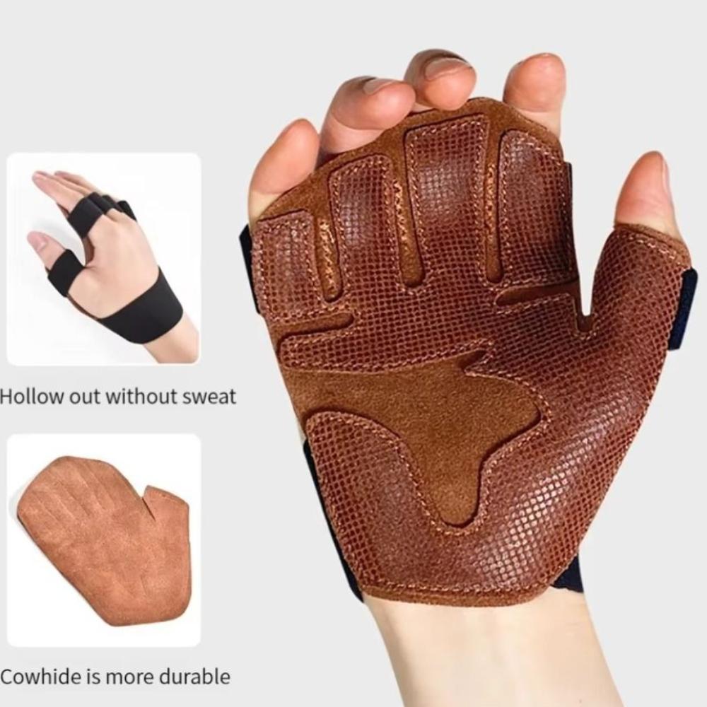 1 Pair Four-finger Ventilated Gym Wristband Cowhide Fitness Workout Gloves  Pull-ups