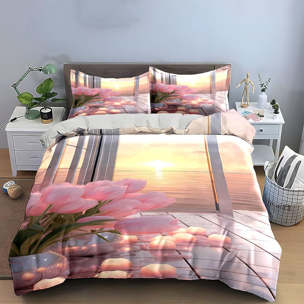 Pink tulips with sunset. Bedding sets Duvet cover sets Duvet covers Pillowcases(1*Duvet Cover 2*Pillowcases without duvet insert)