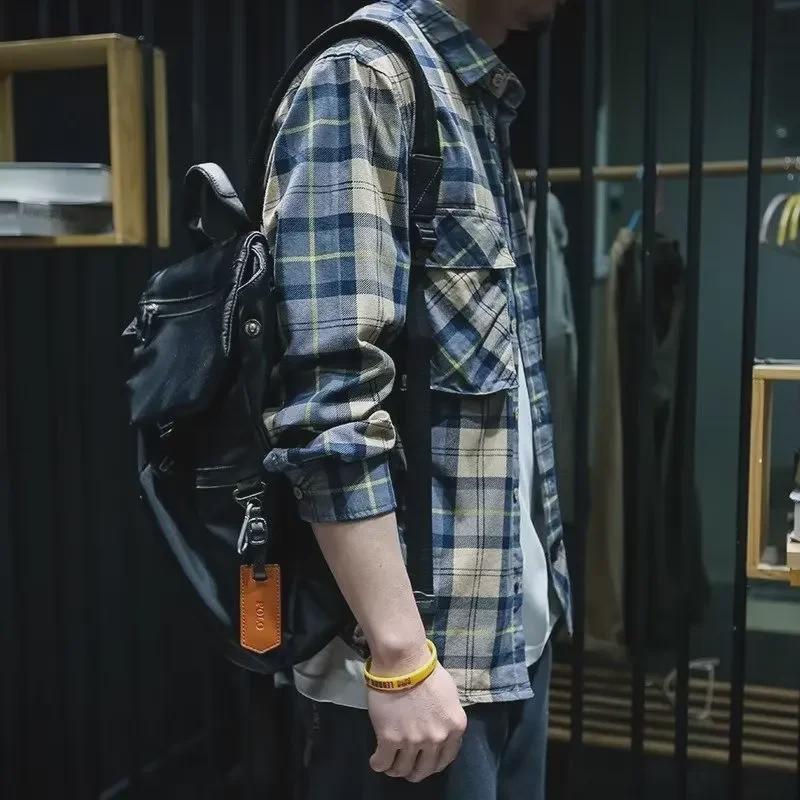 Мужская повседневная рубашка в клетку с длинным рукавом — молодежная мода в японском и гонконгском стиле