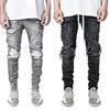 Trendy Men's European Stretch Motorcycle Black Ripped Denim Jeans
