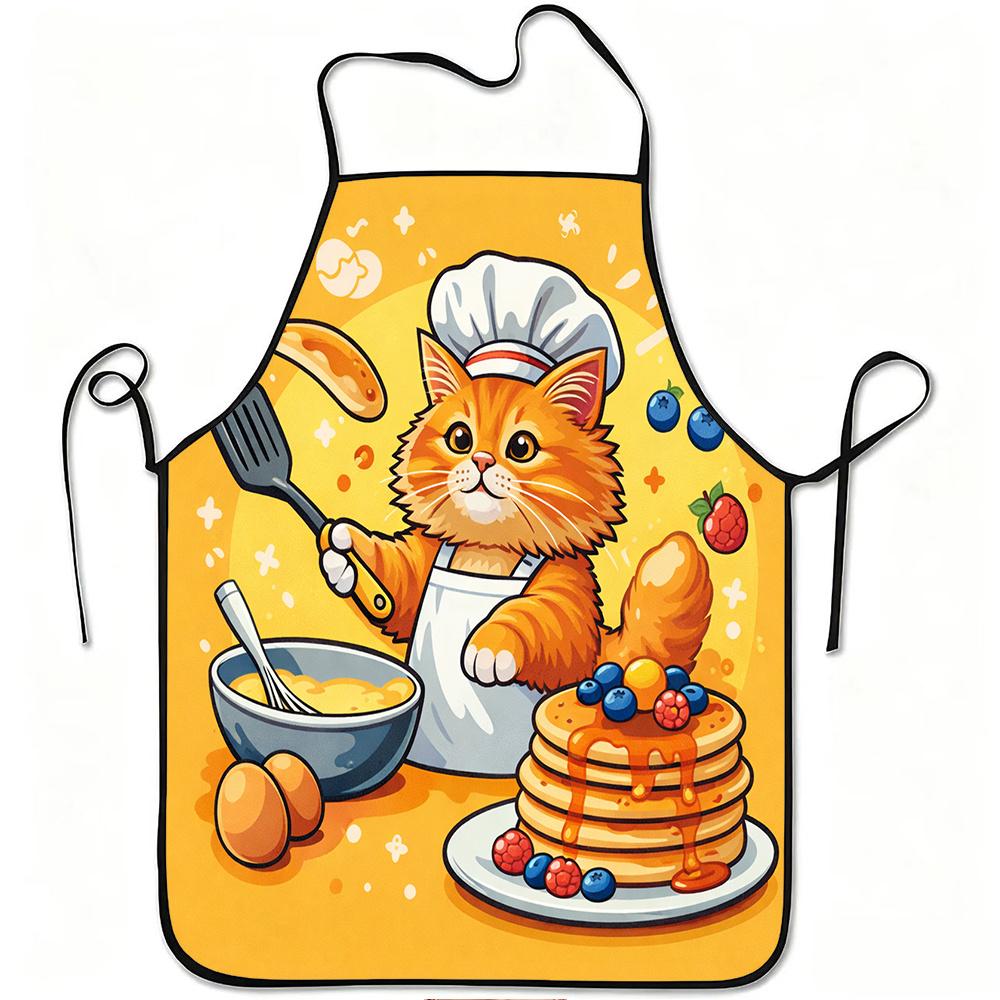 1pc Cute Chef Cat Pancake Cooking Print Apron, Durable And Easy to Clean, Adjustable Waistband, Polyester Material, for Kitchen Cooking, Gardening, Or