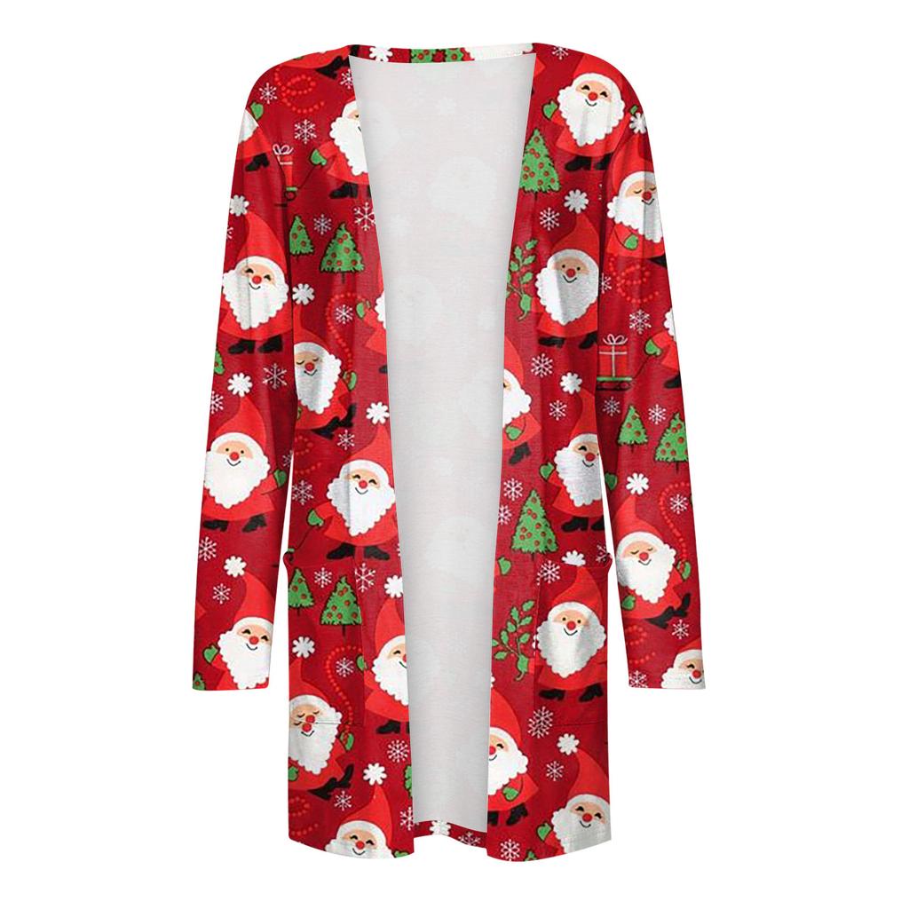 Женский модный повседневный кардиган средней длины с рождественским принтом, куртка, пальто с карманом