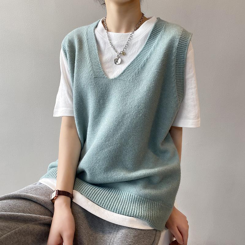 Johnature Корейский простой V-образный вырез однотонный пуловер женские топы весна лето без рукавов универсальный свободный топ