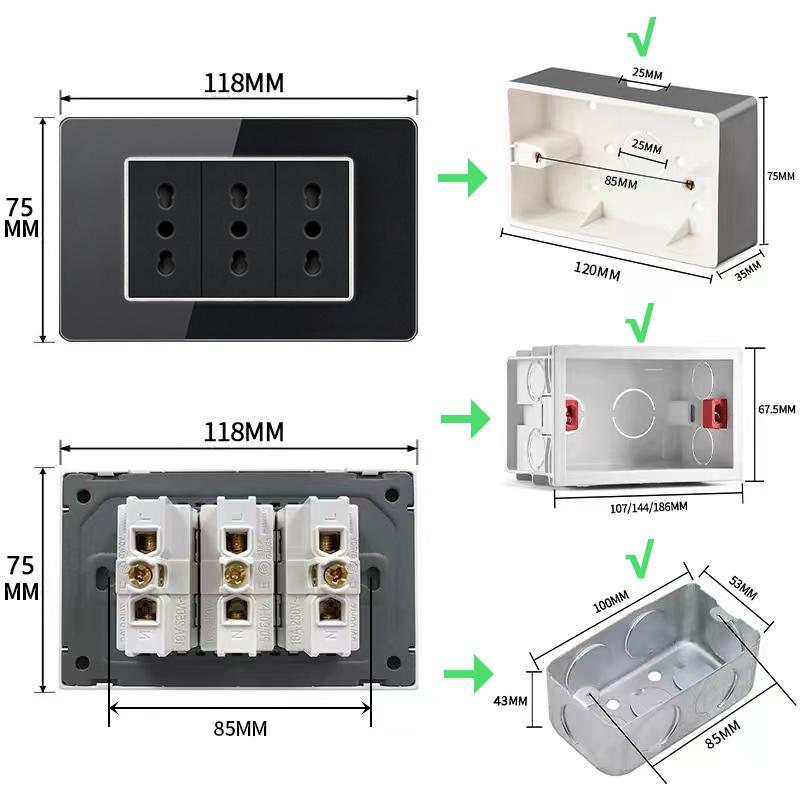 Brazil US Wall Light Switch Power Socket with USB Type-c 20W,Italy Chilean Fast Charging Tempered Glass Panel Universal Outlet