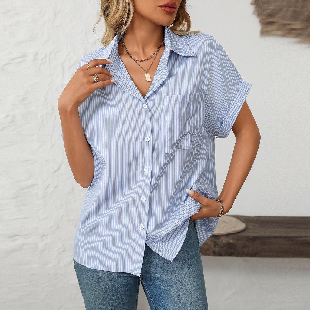 Women's Fashion Loose Collar Short Sleeved Pocket Striped Shirt Casual Top