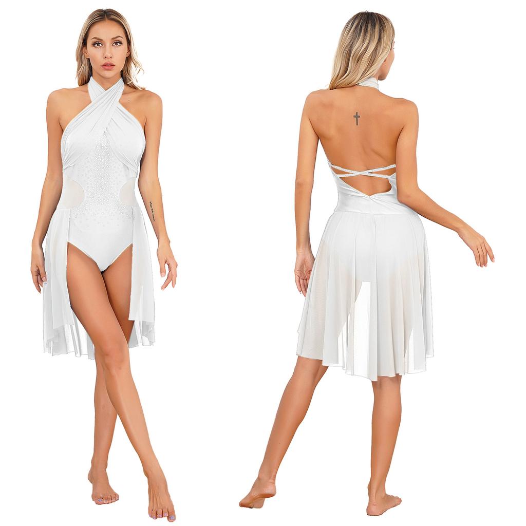 Женское балетное платье для современных танцев для взрослых, лирическое шифоновое струящееся платье без рукавов, гимнастическое трико для фигурного катания