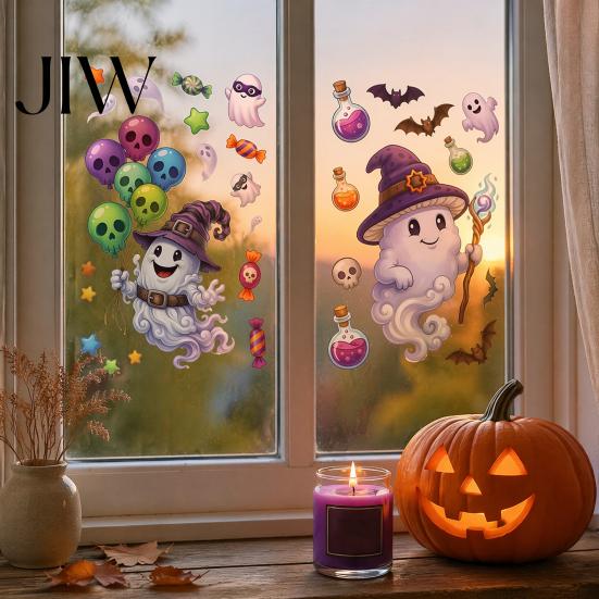 Party Supplies for Halloween Cartoon Window Cling Stickers, Ghost Pumpkin Candy Glass Decals, Self-Adhesive Removable Decorative Posters