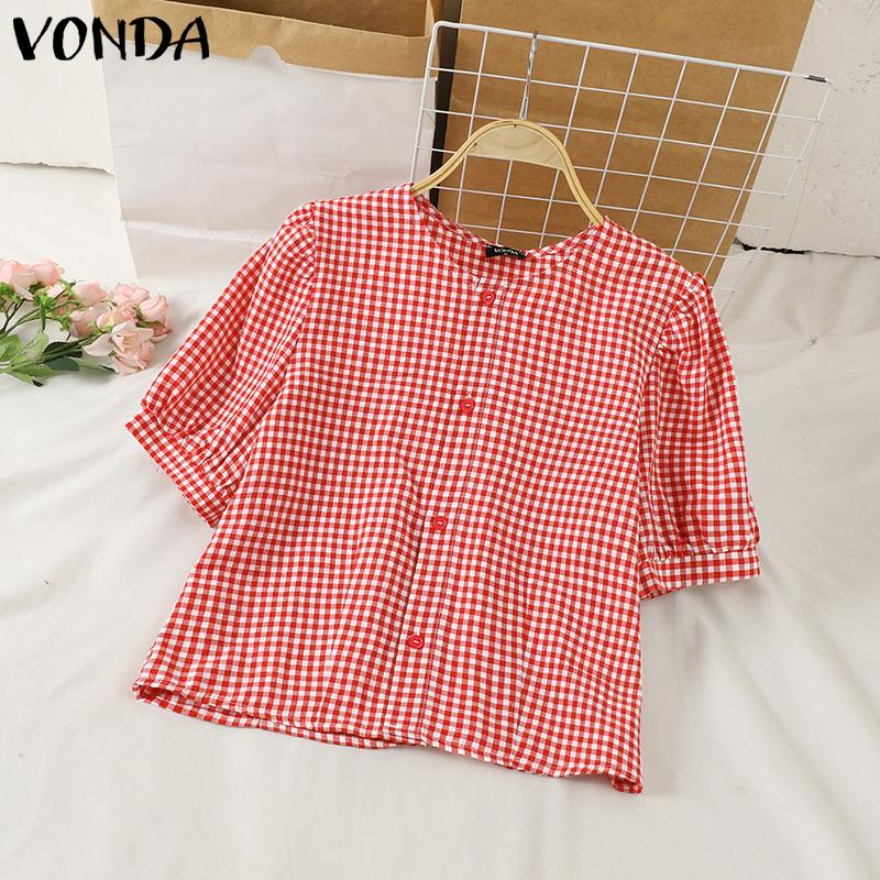 VONDA Женская летняя блузка с круглым вырезом и коротким рукавом, свободная клетчатая блузка