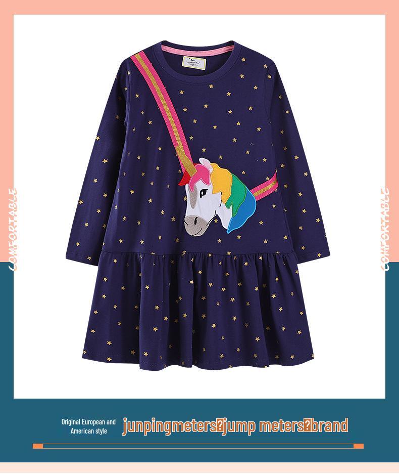 2025 Autumn Little Pony Unicorn Embroidered Girls' Long Sleeve Dress