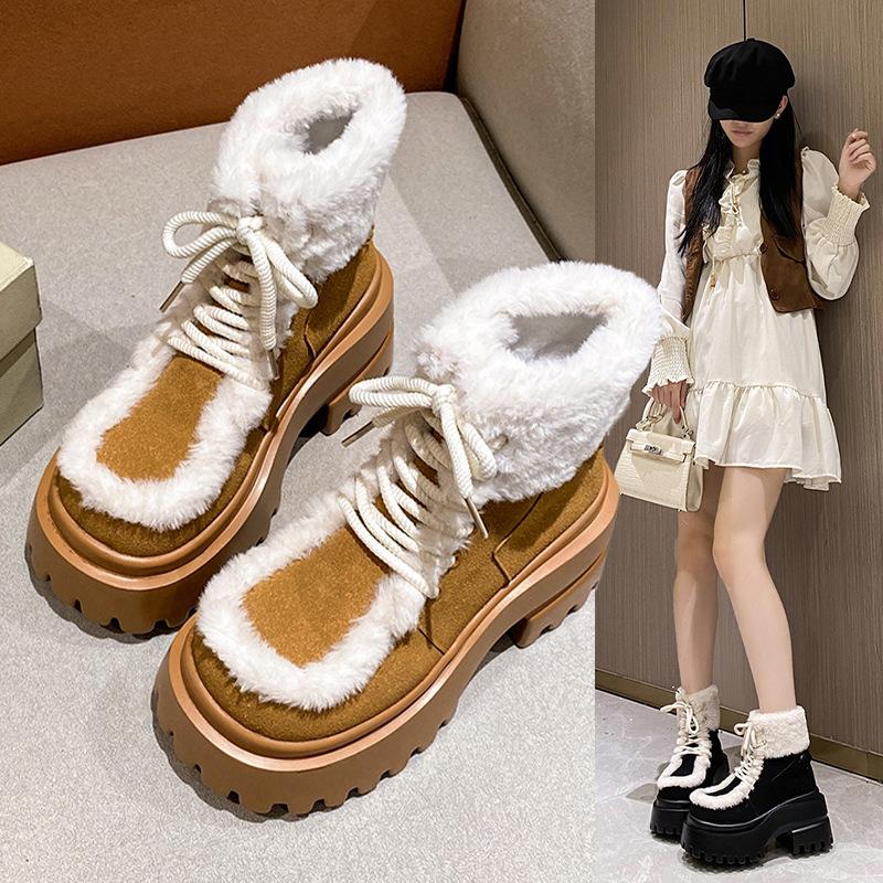 Women's Soft Lace-up Elastic Winter Warm Cold Padded Snow Boots Thick Bottom Non-slip Wear-resistant Outdoor Leisure Sports Fur Cotton Boots