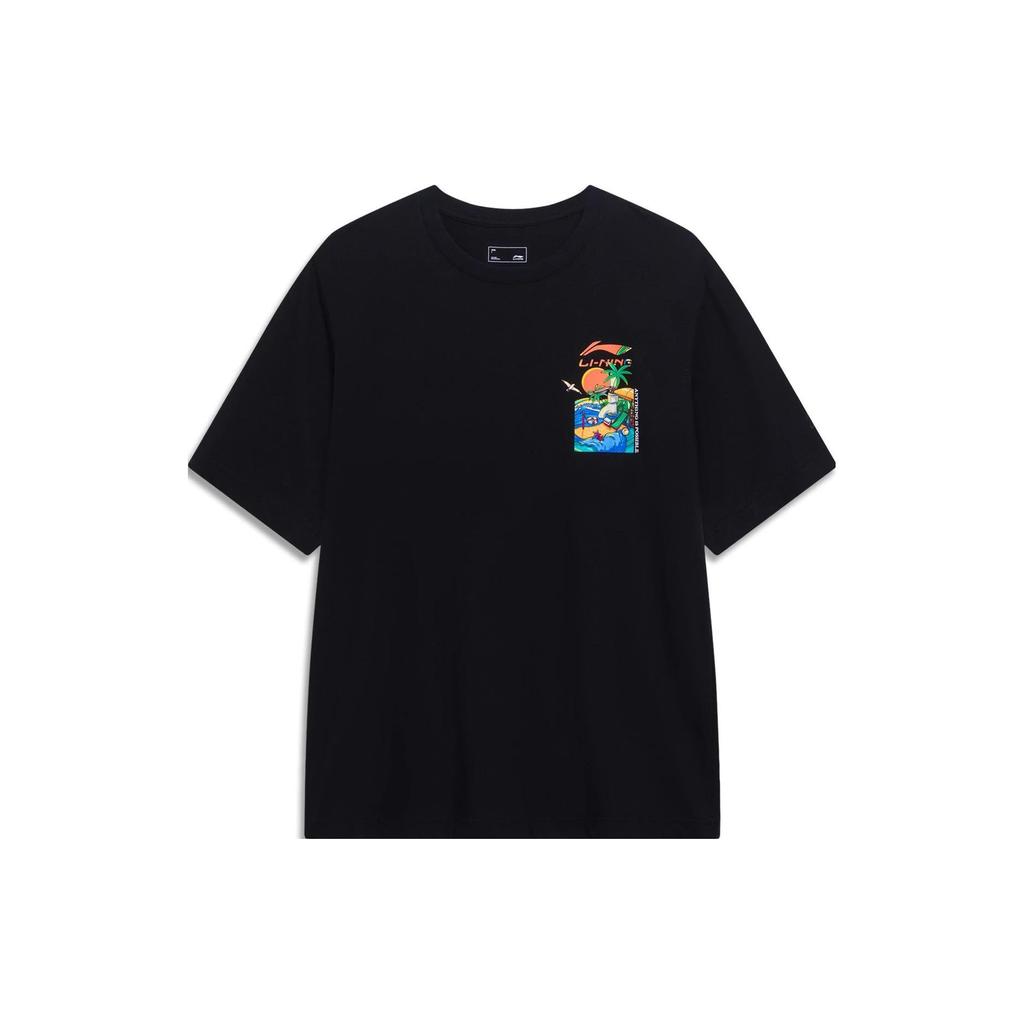 Li-Ning Sports Lifestyle Series Printed Letter Round Neck Pullover Short Sleeve T-shirt Men Tops Black AHST177-4