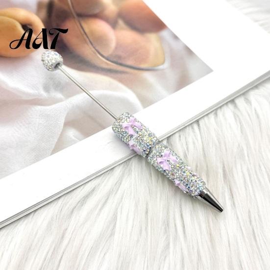 Handmade Pen Supplies Glitter Beadable Ballpoint Pen, Rhinestone Bow Beaded DIY Bling Black Ink Pens for Making, School Office Fashionable