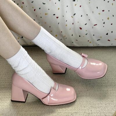 Туфли на высоком каблуке, женская мода, блочный каблук 8 см, бантовый ремешок, туфли Мэри Джейн, туфли-лодочки с квадратным носком, милые туфли в стиле Лолиты, свадебные туфли для невесты