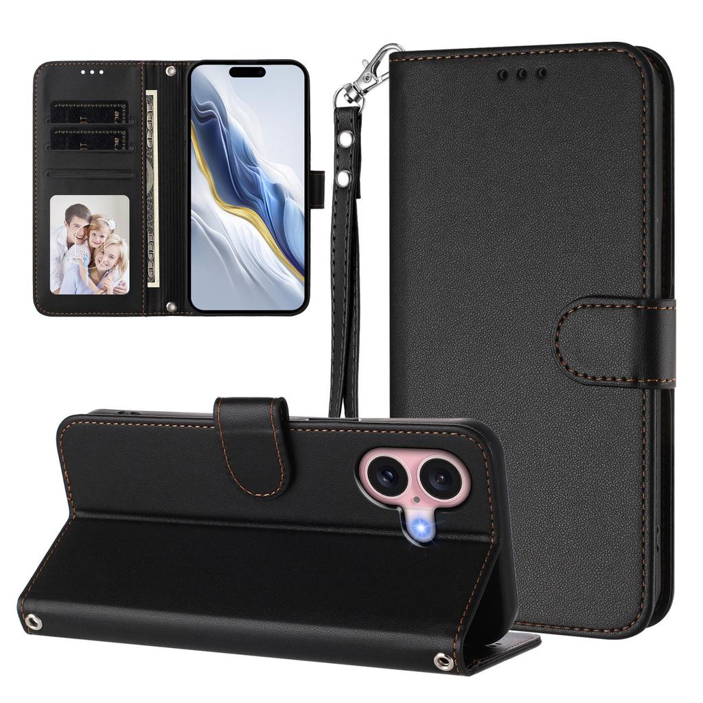For iPhone 16 Leather Case Wallet Stand Phone Cover with Wrist Strap