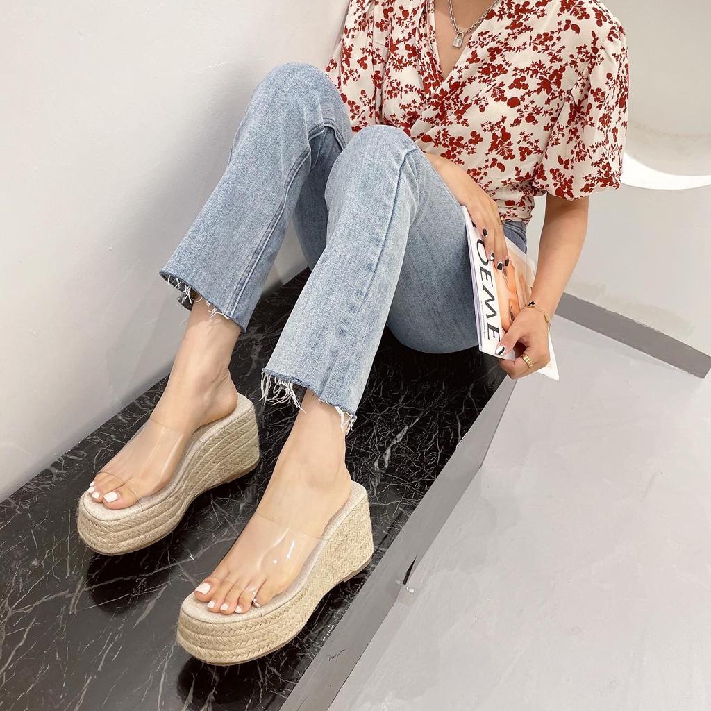 Модные тапочки для женщин для ношения на улице, прозрачный клей для стекла, модные клиновидные каблуки, плетеные сандалии на толстой подошве