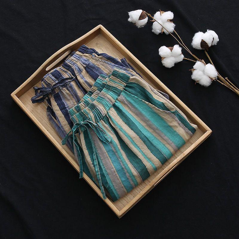 Новые летние брюки-шаровары Wiomen Vintage Striped Print из хлопка и льна длиной до щиколотки, женские повседневные свободные брюки с эластичной резинкой на талии и карманами