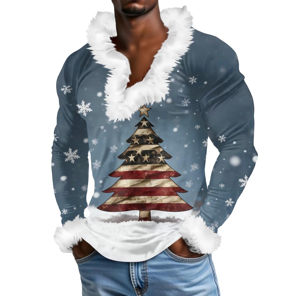 Мужской повседневный рождественский плюшевый свитшот с V-образным вырезом и длинными рукавами из флиса