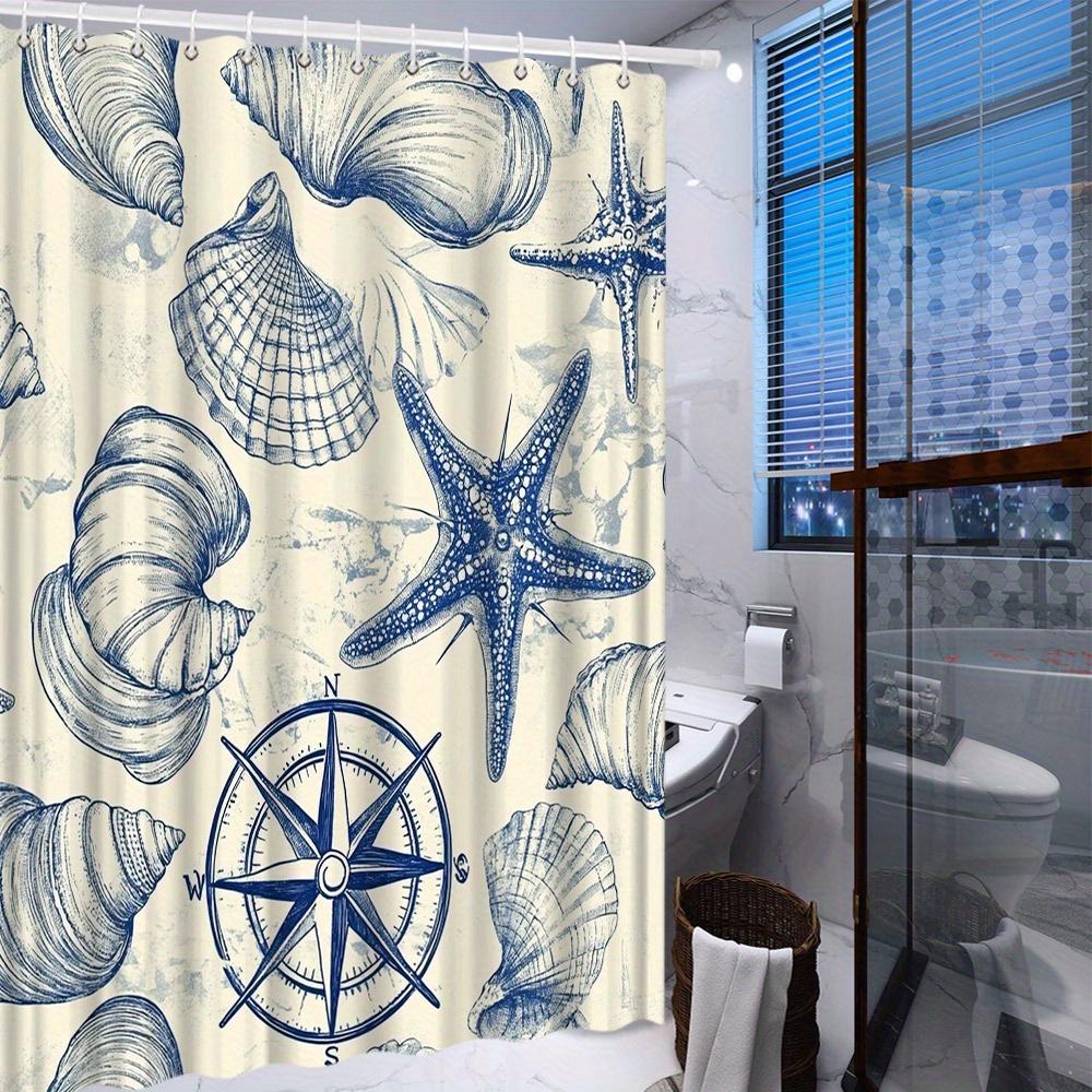 1 piece vintage nautical style blue shell and starfish shower curtain, polyester fabric, machine washable, suitable for bathroom
