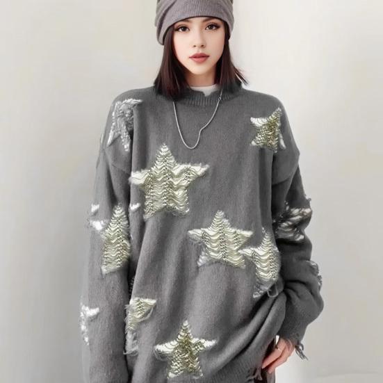 Women Preppy Star Oversized Sweater Loose Fit O-Neck Long Sleeve Pullover Sweater
