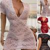 Women Night Dress See-through Lace Sheath Skinny Thin Short Sleeve Low-cut V Neck Flower Embroidery Pure Color