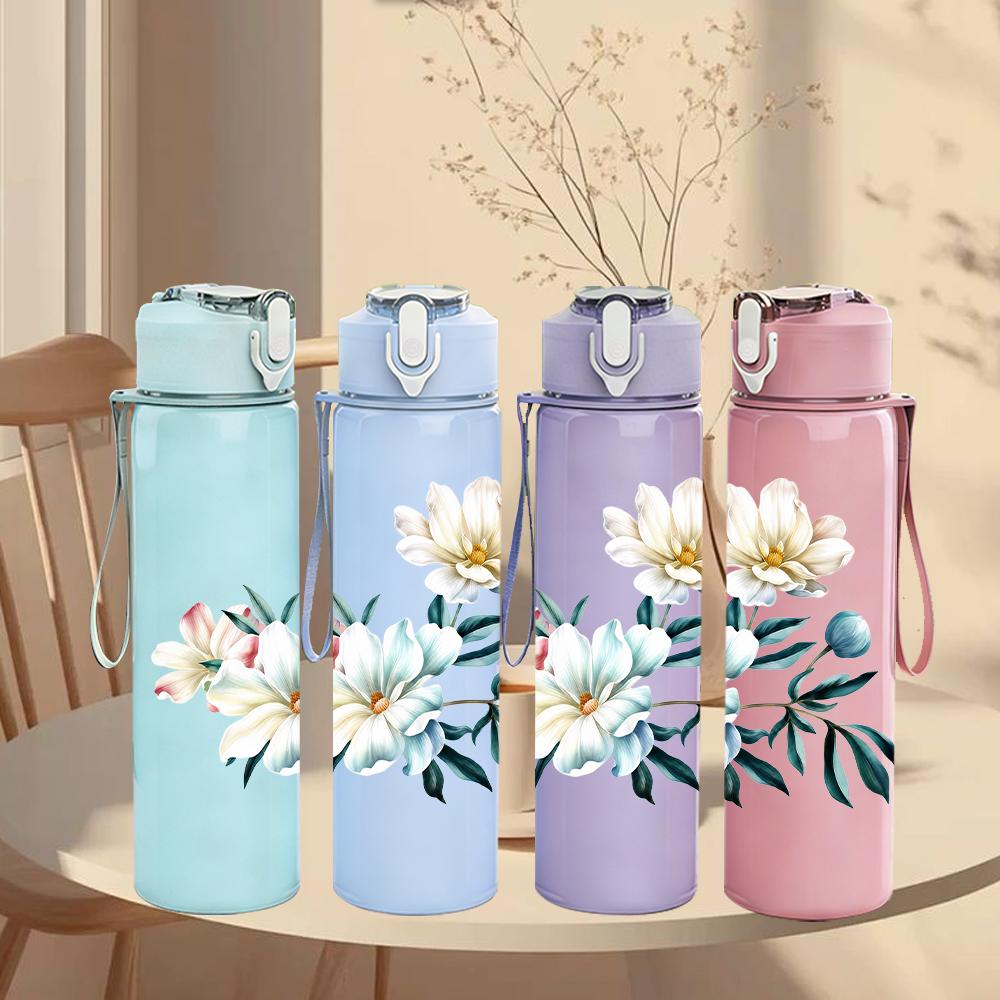 1PC White Watercolor Floral Graphic,750ml Color Plastic Sports Water Bottle,Leakproof Flip Straw Lid,Suitable for Sports Office Home Use