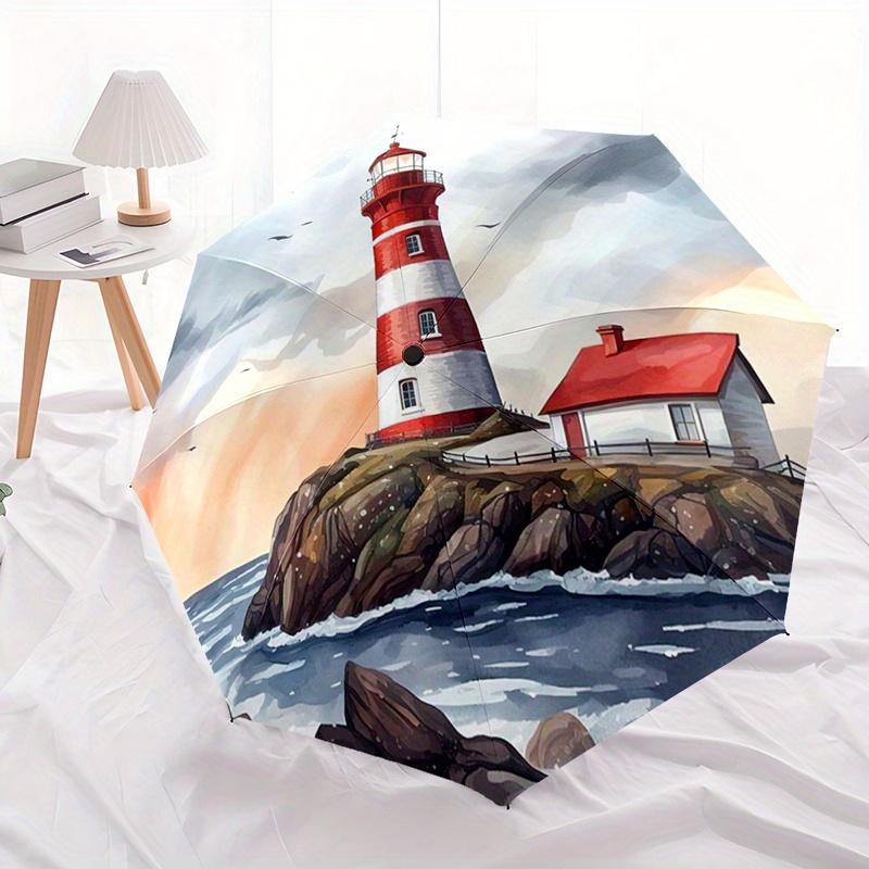 Lighthouse Scene Automatic Folding Umbrella Compact Lightweight Retractable Design With 8 Ribs Perfect For Outdoor Adventures Travel And Festive