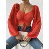 Women Sexy V-neck Off Shoulder Blouses Summer Drawstring Bandage Long Sleeve Tops Ladies Fashion Short Clothes