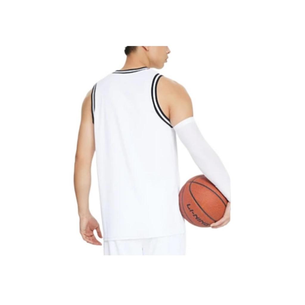 Li Ning Sports Basketball Series Logo Print Striped Round Neck Slim Shorts Set Men Sportswear White AATS003-4
