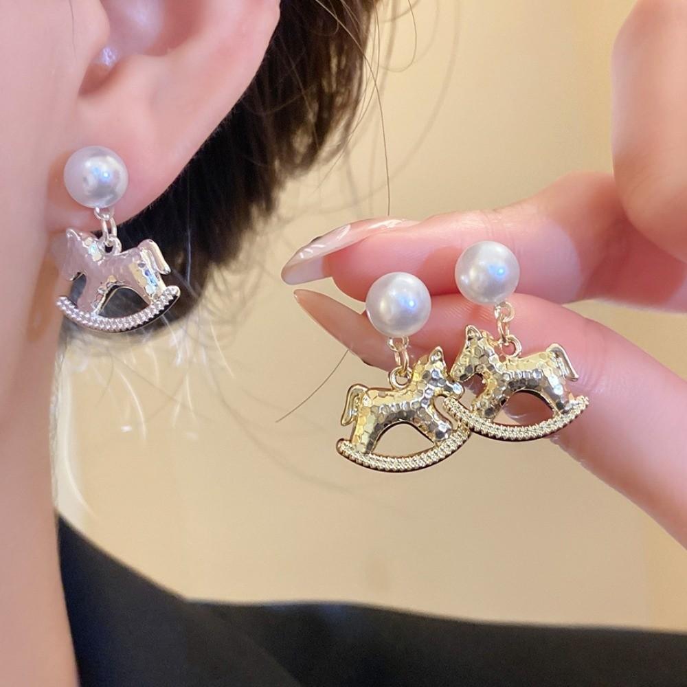 Rocking Pony Cartoon Horse Earrings Fashion Jewelry Drop Earrings Pearl Zodiac Pony Earrings Girl