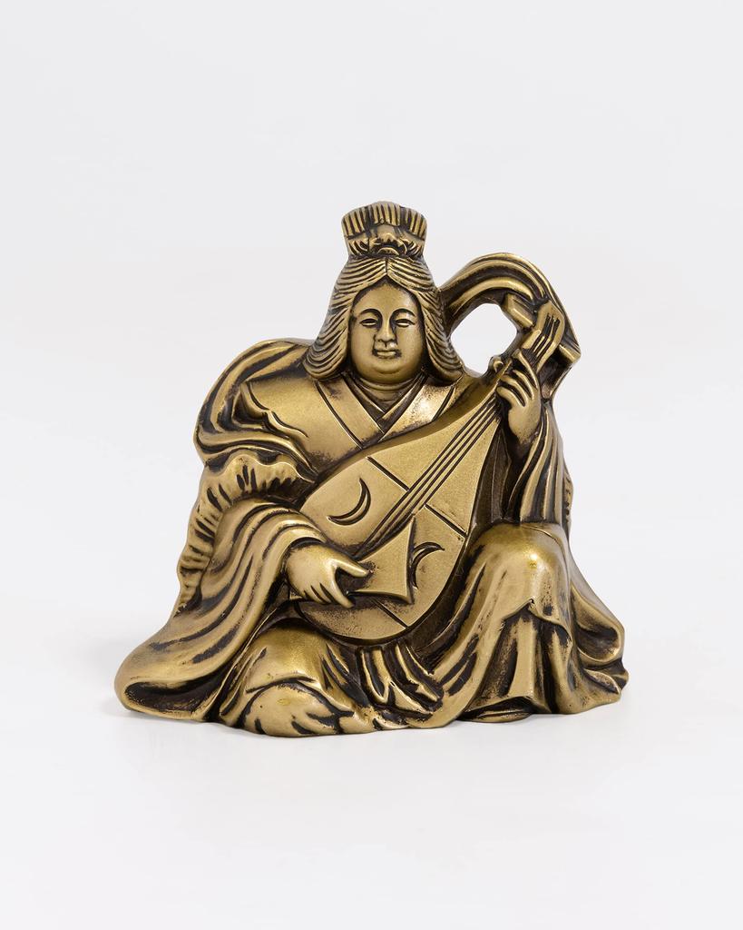 Benzaiten, One of the Seven Lucky Gods, Silky Gold. Sculptor: Makita Shuun. Antique Gold. Buddhist Statue. Takaoka Copperware (Benzaiten 7F).