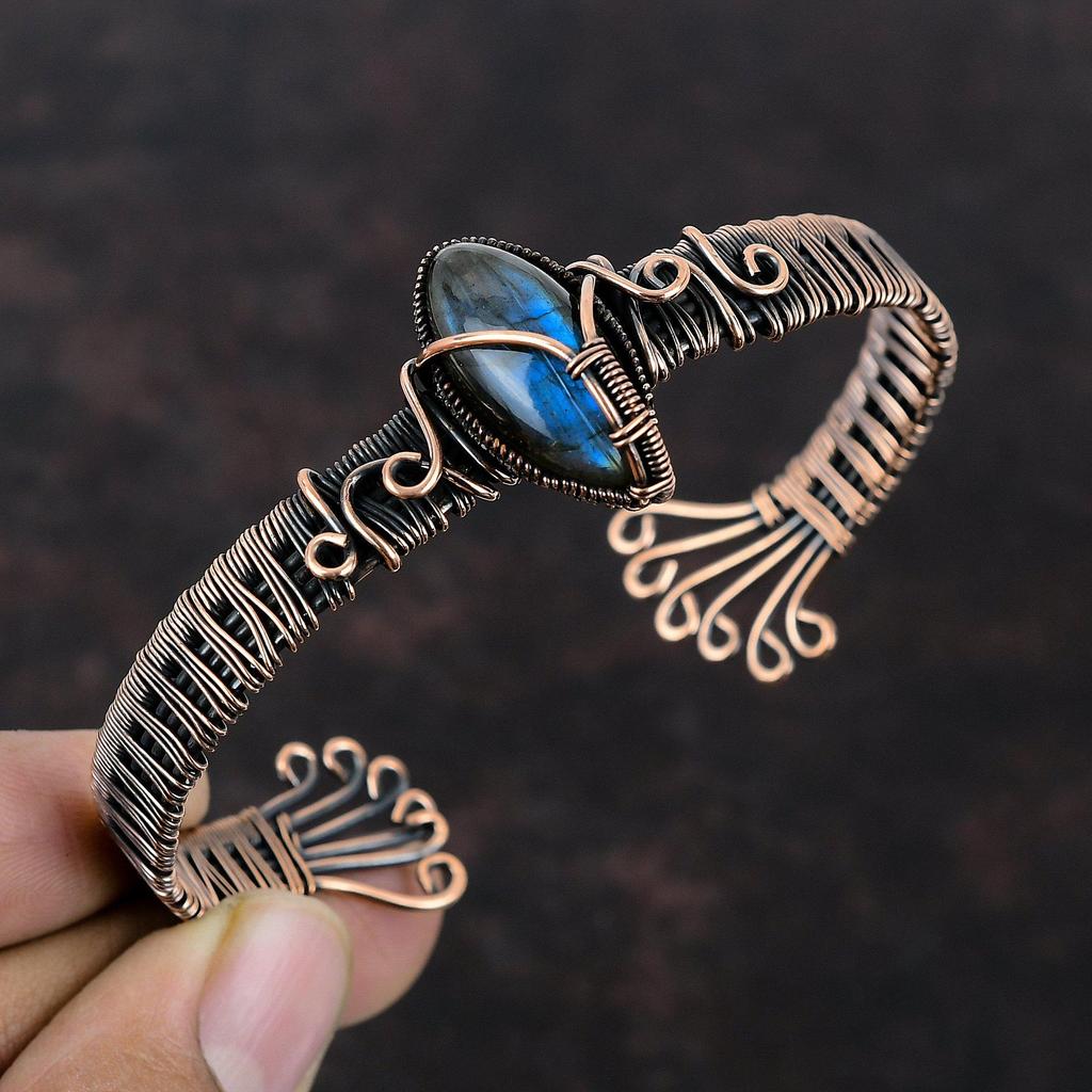 Браслет из лабрадорита Браслет-манжета из медной проволоки Регулируемый браслет Браслет-манжета из драгоценного камня Браслет ручной работы Ювелирные изделия из лабрадорита для подарка