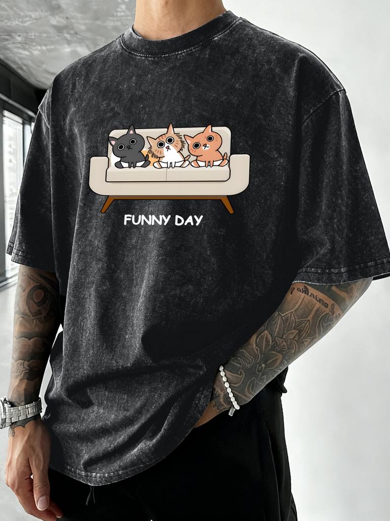 Funny Day Relaxed Cat Pattern Washed TShirt Men Summer Vacation Clothing Casual Crewneck Tee Shirts Oversize Cotton Streetwear
