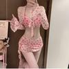 Women's Sexy Halter Ruffle Lace Up Swimsuit Sets Sweet Print Cover-Ups Bikini Skirt Outfits Vacation Beach Swimwear Bathing Suit