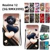 Handmade PU Leather Flip Case for Realme 12 (5G/RMX3999) Anti-Slip Shockproof Cover with Wrist Strap & Heart/Rose Cat Designs