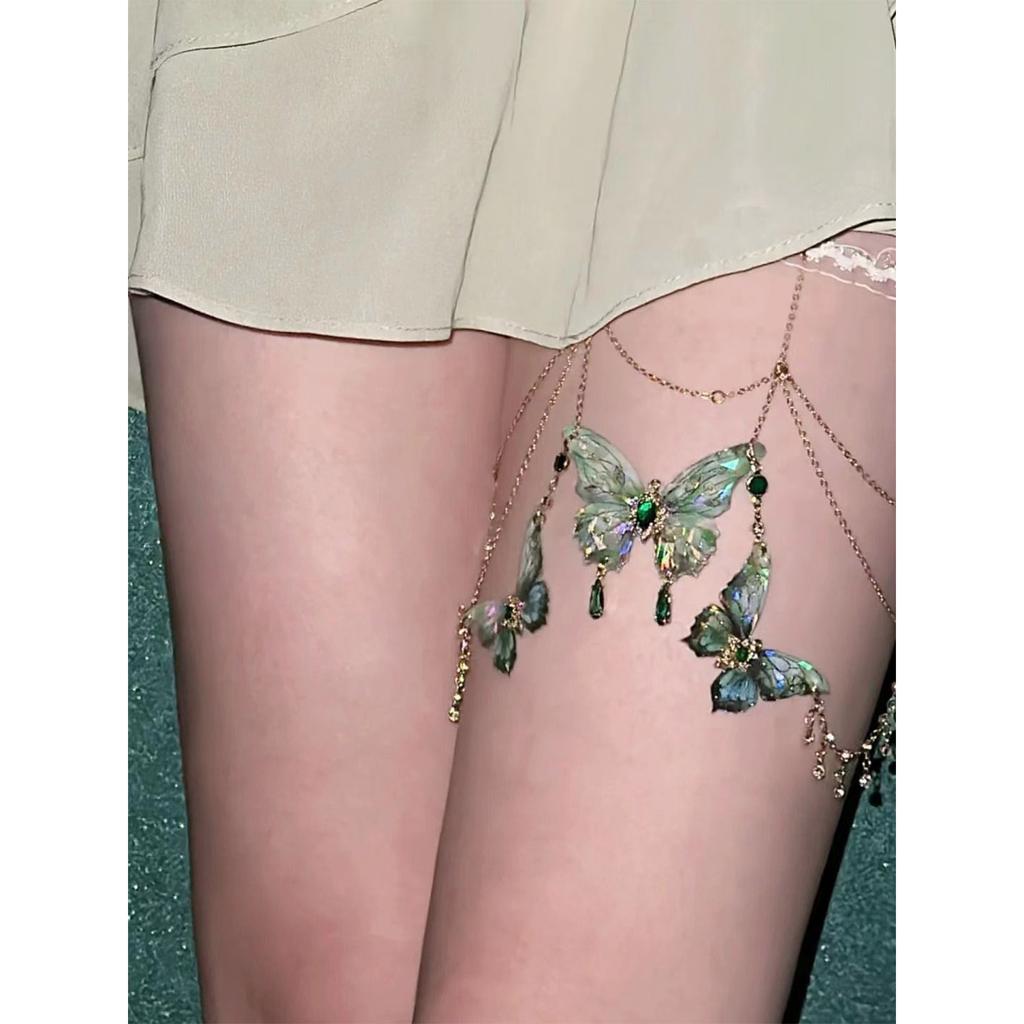 Butterfly Tassels Thigh Chain Adjustable Length Lace Leg Chain with Fringes Accent Unique Body Jewelry for Women Girls