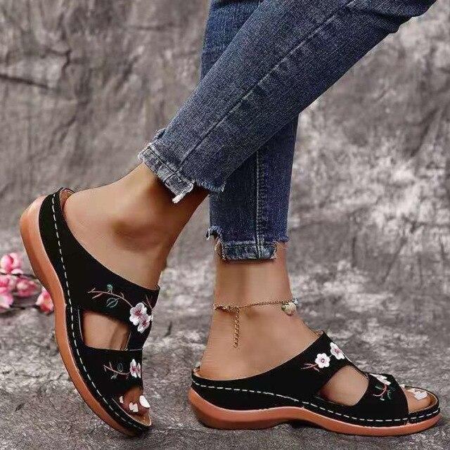 Summer Women Wedge Sandals Premium Orthopedic Open Toe Slipper Vintage Anti-slip Leather Casual Female Platform Embroidered Shoes