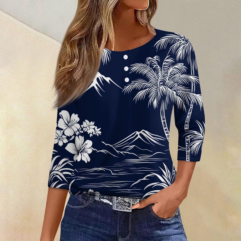 Women's T Shirt Tee Print Button 3/4 SleeveDaily Weekend Fashion Basic V- Neck Regular Top