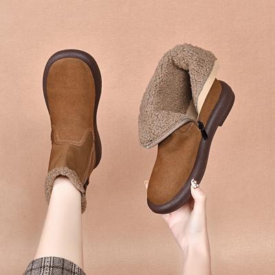 Модные зимние ботинки с круглым носком 2025 осень-зима новая повседневная плоская подошва толстый велюр короткие ботинки первый слой коровья кожа теплые женские кожаные ботинки