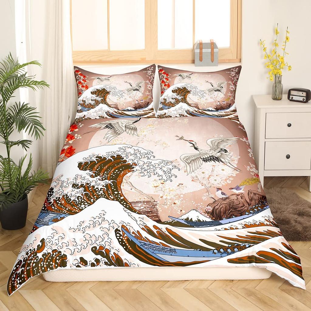 Crane Bedding Set Girl Cherry Blooming Fuji Mountain Sun Duvet Cover Kids Women Lotus Floral Comforter Cover Watercolor Decor