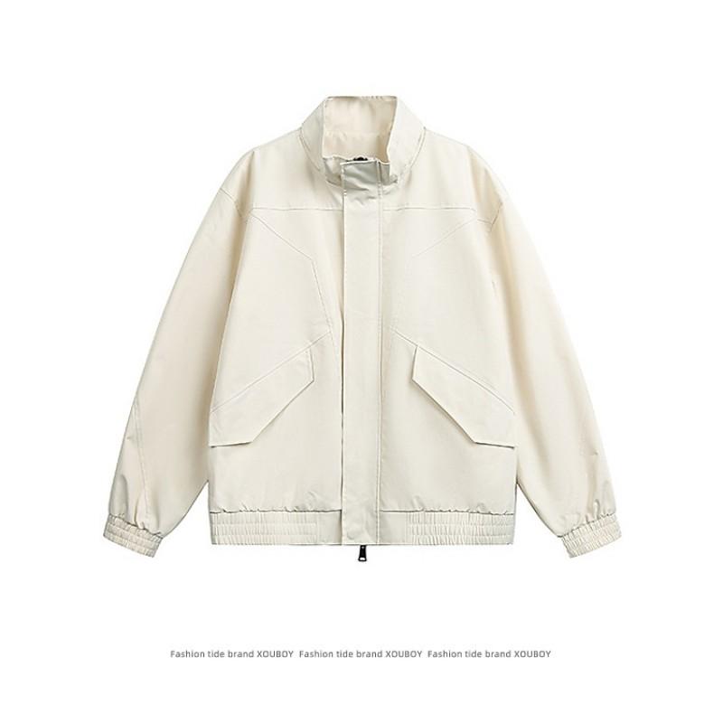 Minimalist Utility Jacket Men Women Stand Collar Zip Front Asymmetrical Slant Pockets Drawstring Hem Loose Fit
